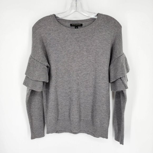 Banana Republic Factory Sweater XS Grey Long Ruffle Sleeve Crew Neck Wool Blend - Picture 4 of 9